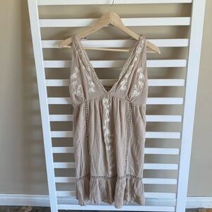 NWT Jessica Simpson Beige Sundress Tie Shoulder Bohemian Embroidered Dress Sz M